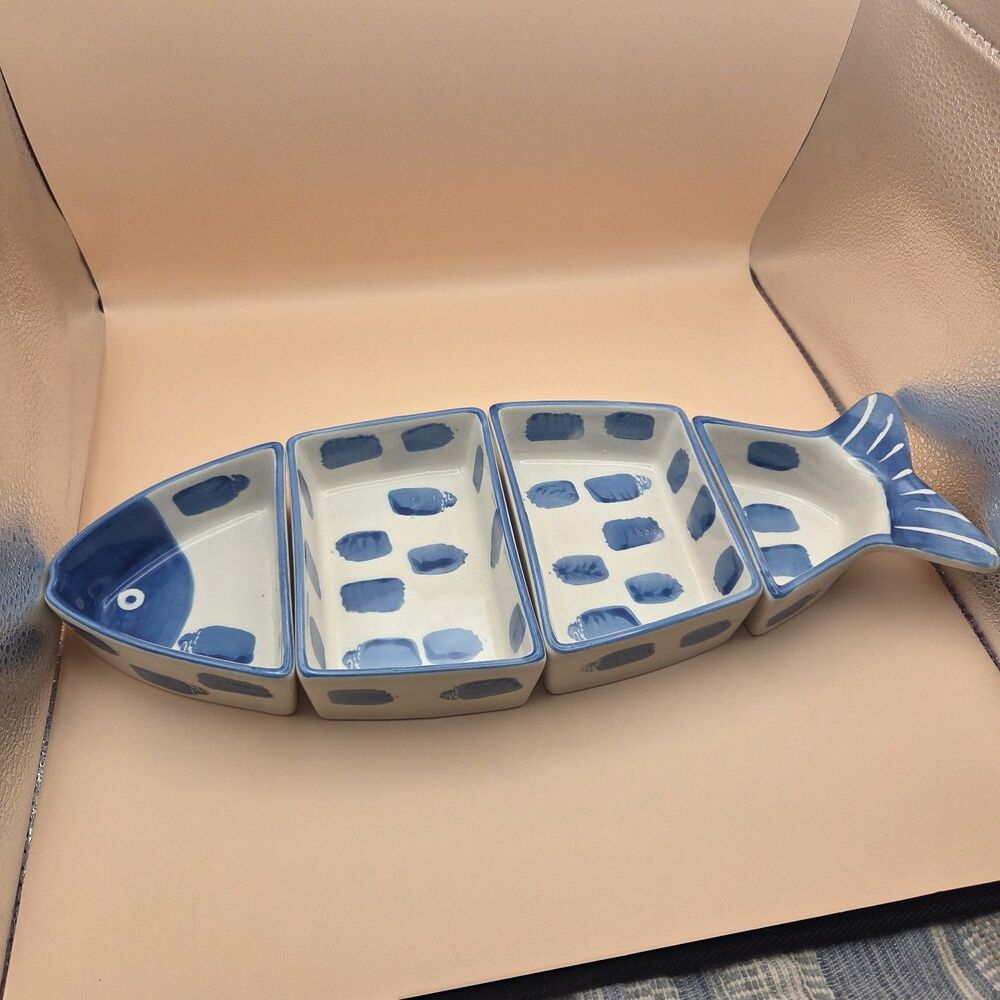 Creative Co-Op 4-Pc Fish Sectional Serving Set - Hand Painted Blue & White...